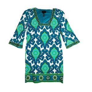 Laundry Shelli Segal Dress Womens 2 Teal Blue White Baroque Mini Retro Mod Party